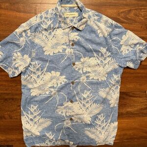 Tommy Bahama Light Blue and White Tropical Silk Print Short-Sleeve Shirt